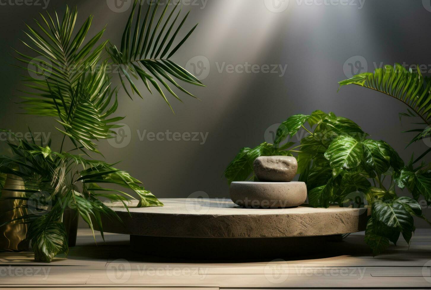 3D podium wood display white background with green monstera palm leaf AI Generated. photo