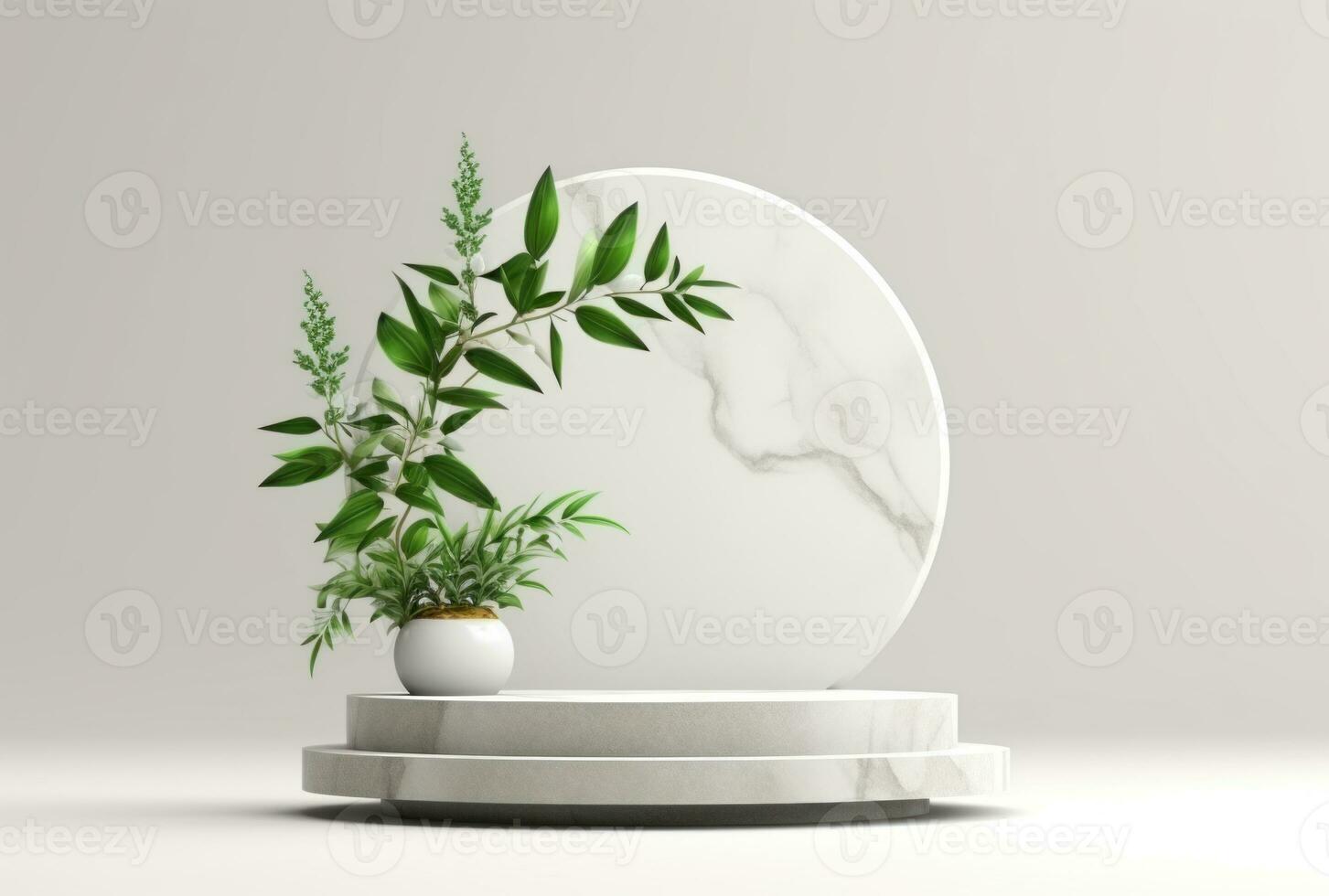 3D display podium white background and stone. Flower with green leaf and rock AI Generated. photo