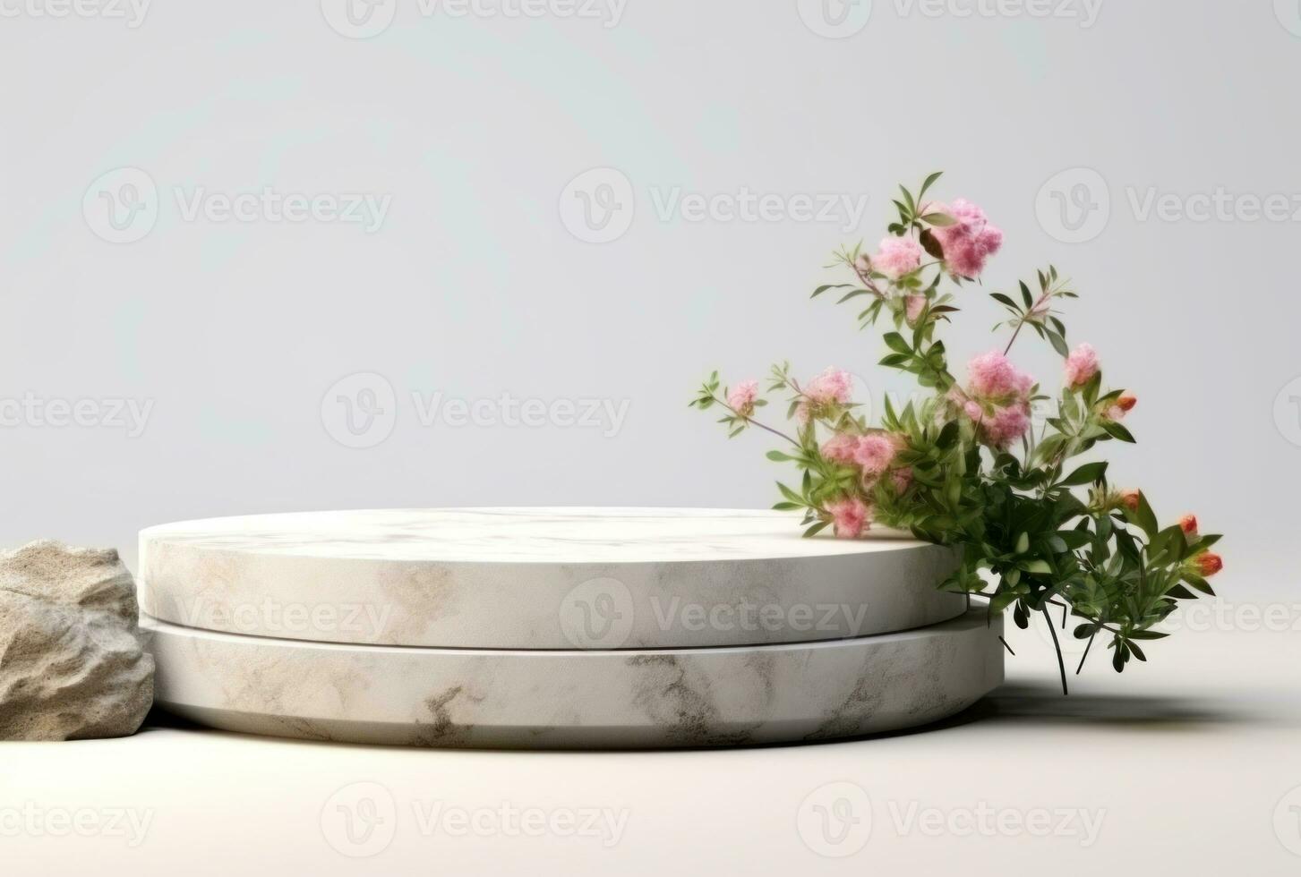 3D display podium white background and stone. Flower with green leaf and rock AI Generated. photo