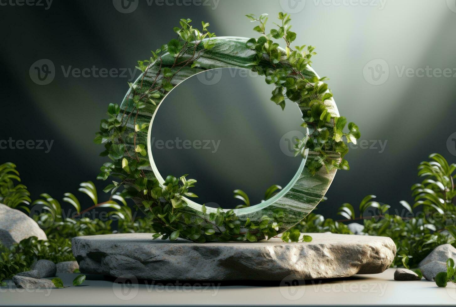 3D display podium white background and stone. Flower with green leaf and rock AI Generated. photo