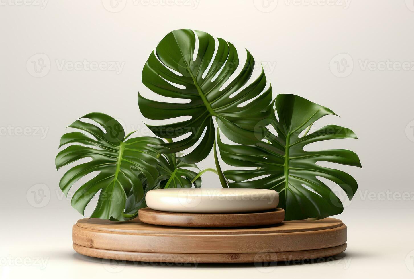 3D podium wood display white background with green monstera palm leaf AI Generated. photo