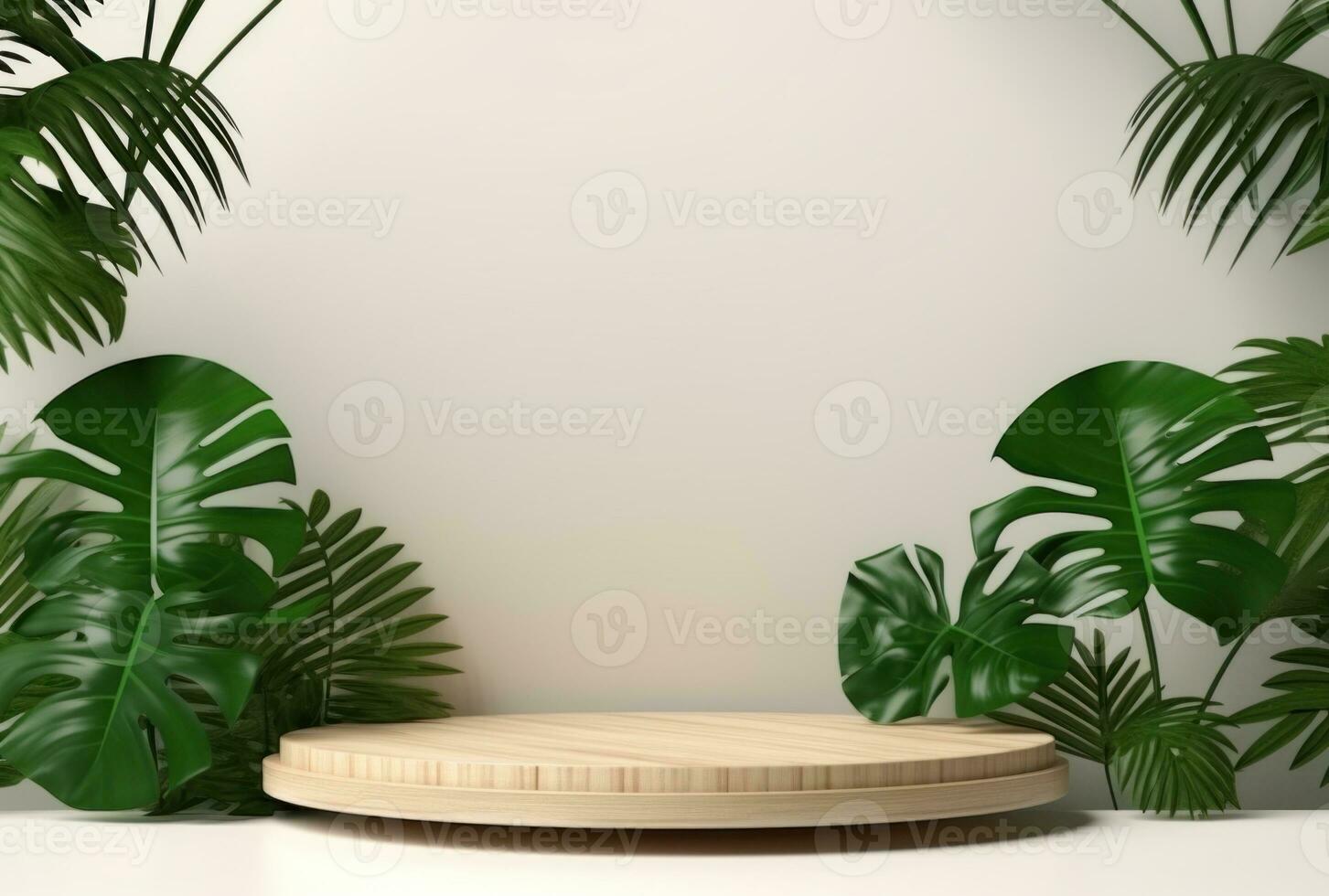 3D podium wood display white background with green monstera palm leaf AI Generated. photo