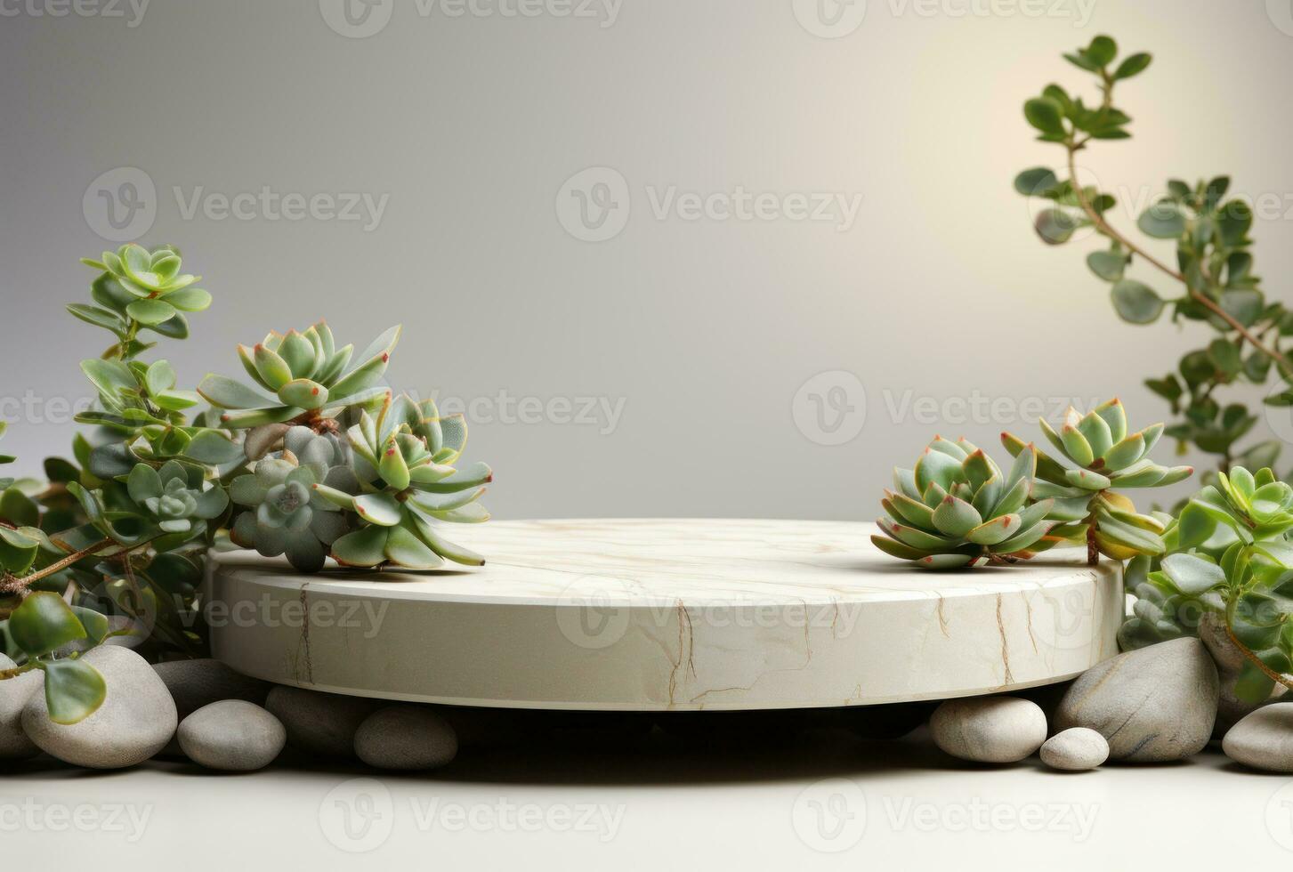 3D display podium white background and stone. Flower with green leaf and rock AI Generated. photo