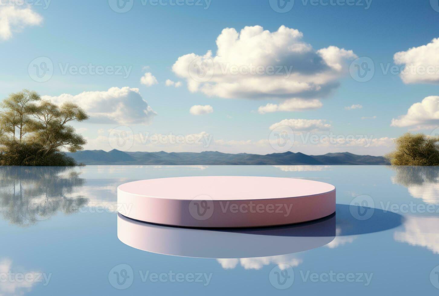 3D podium blue display on water with white cloud AI Generated. photo
