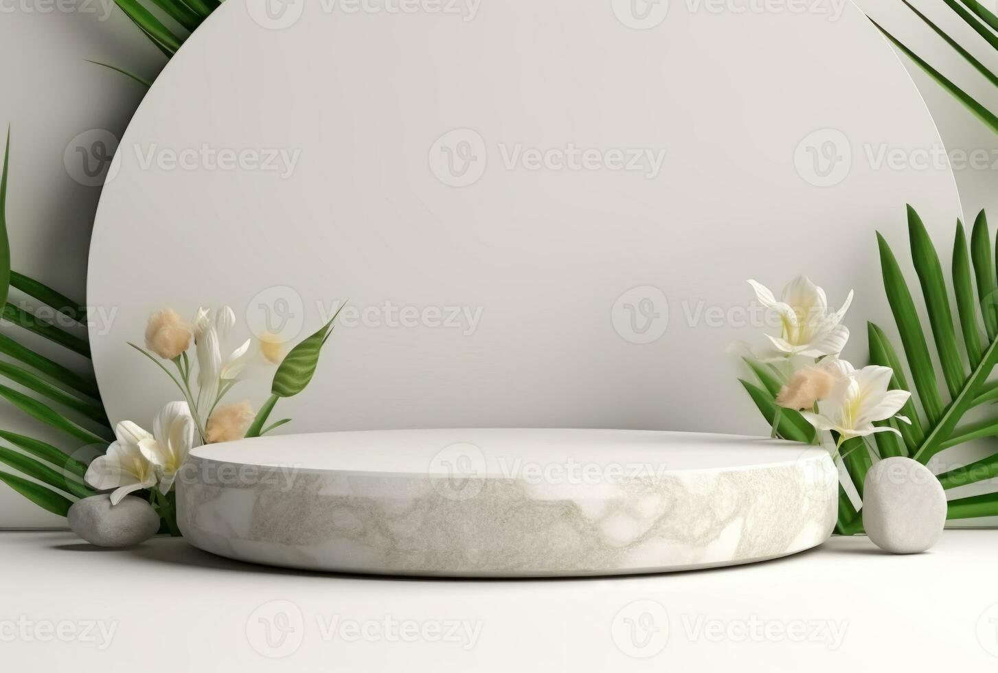 3D display podium white background and stone. Flower with green leaf and rock AI Generated. photo
