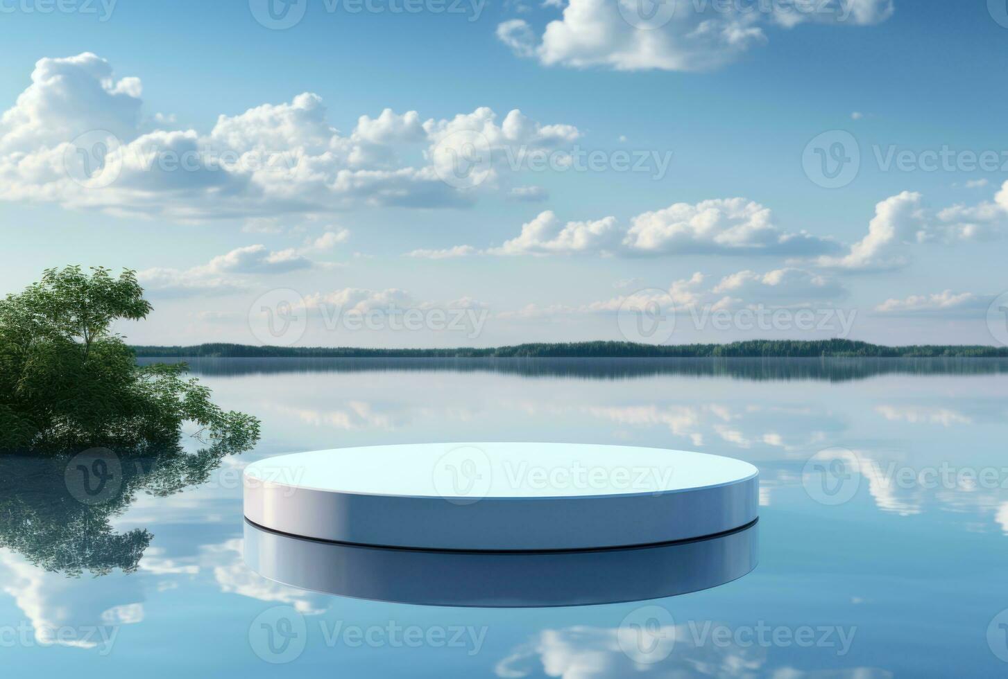 3D podium blue display on water with white cloud AI Generated. photo