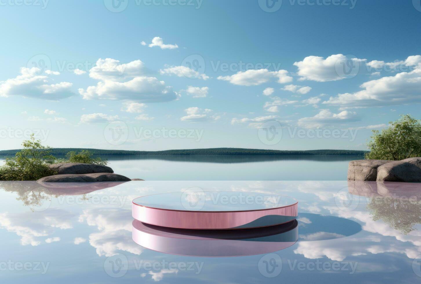 3D podium blue display on water with white cloud AI Generated. photo