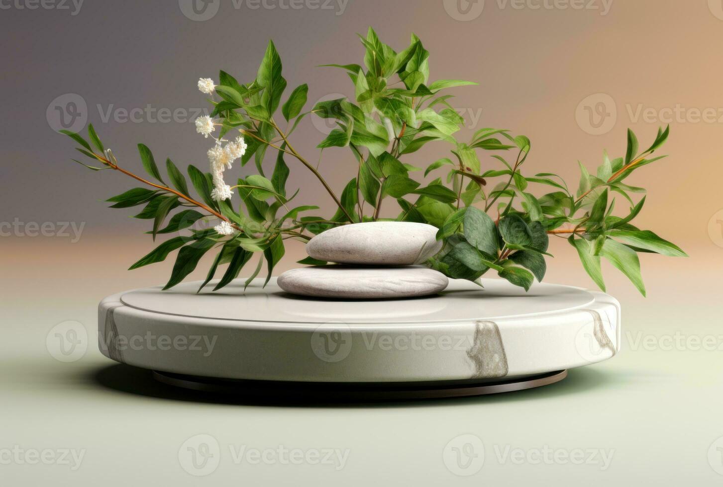 3D display podium white background and stone. Flower with green leaf and rock AI Generated. photo