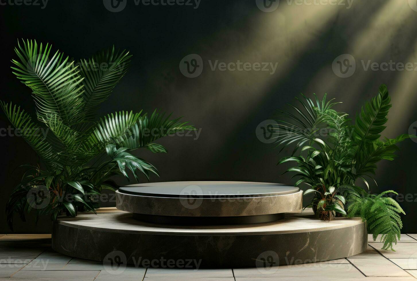 3D podium wood display white background with green monstera palm leaf AI Generated. photo