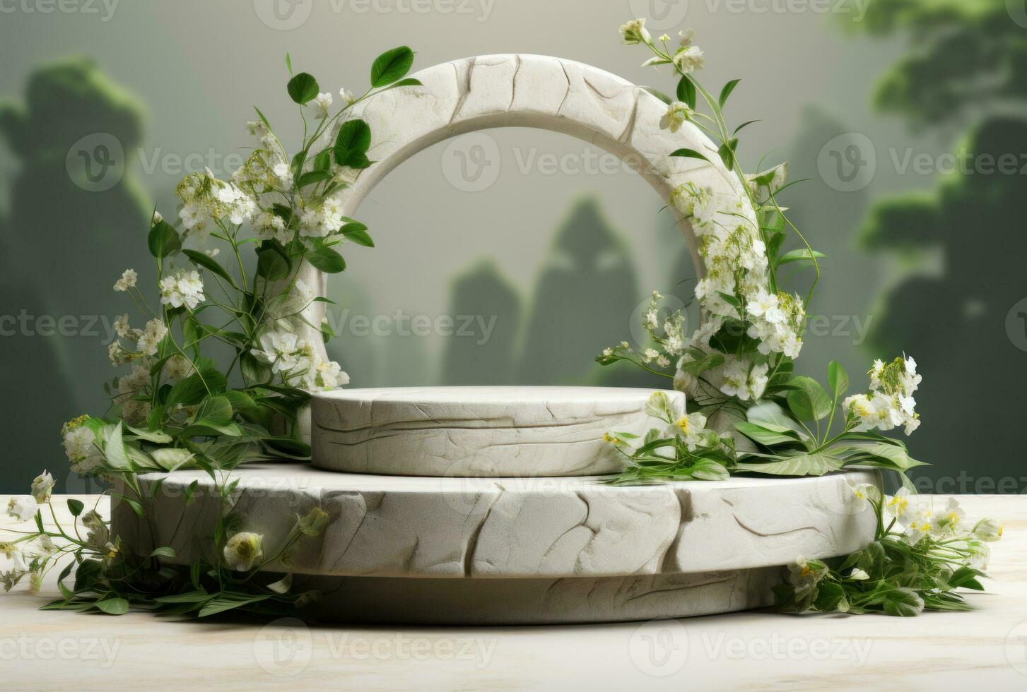 3D display podium white background and stone. Flower with green leaf and rock AI Generated. photo