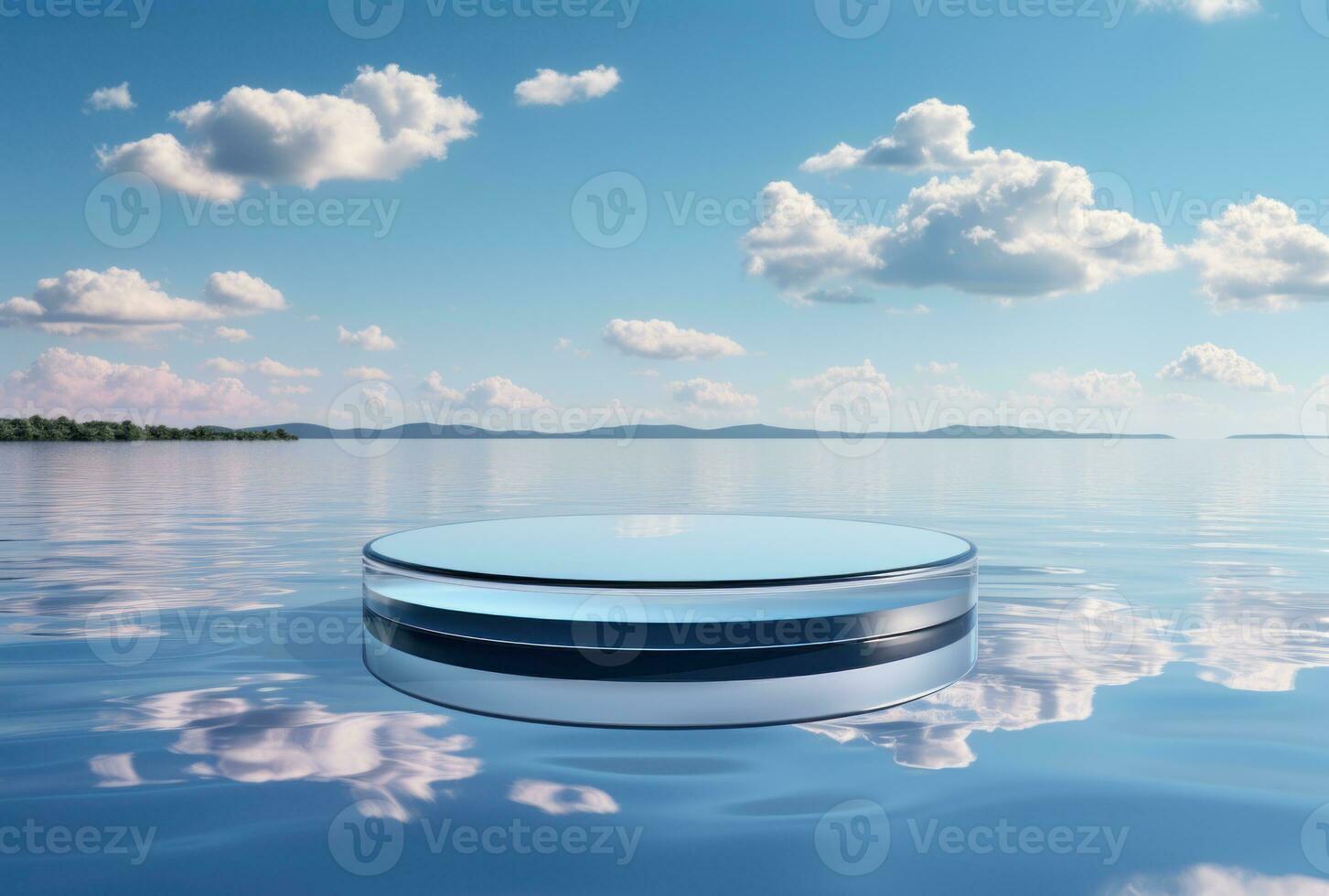 3D podium blue display on water with white cloud AI Generated. photo