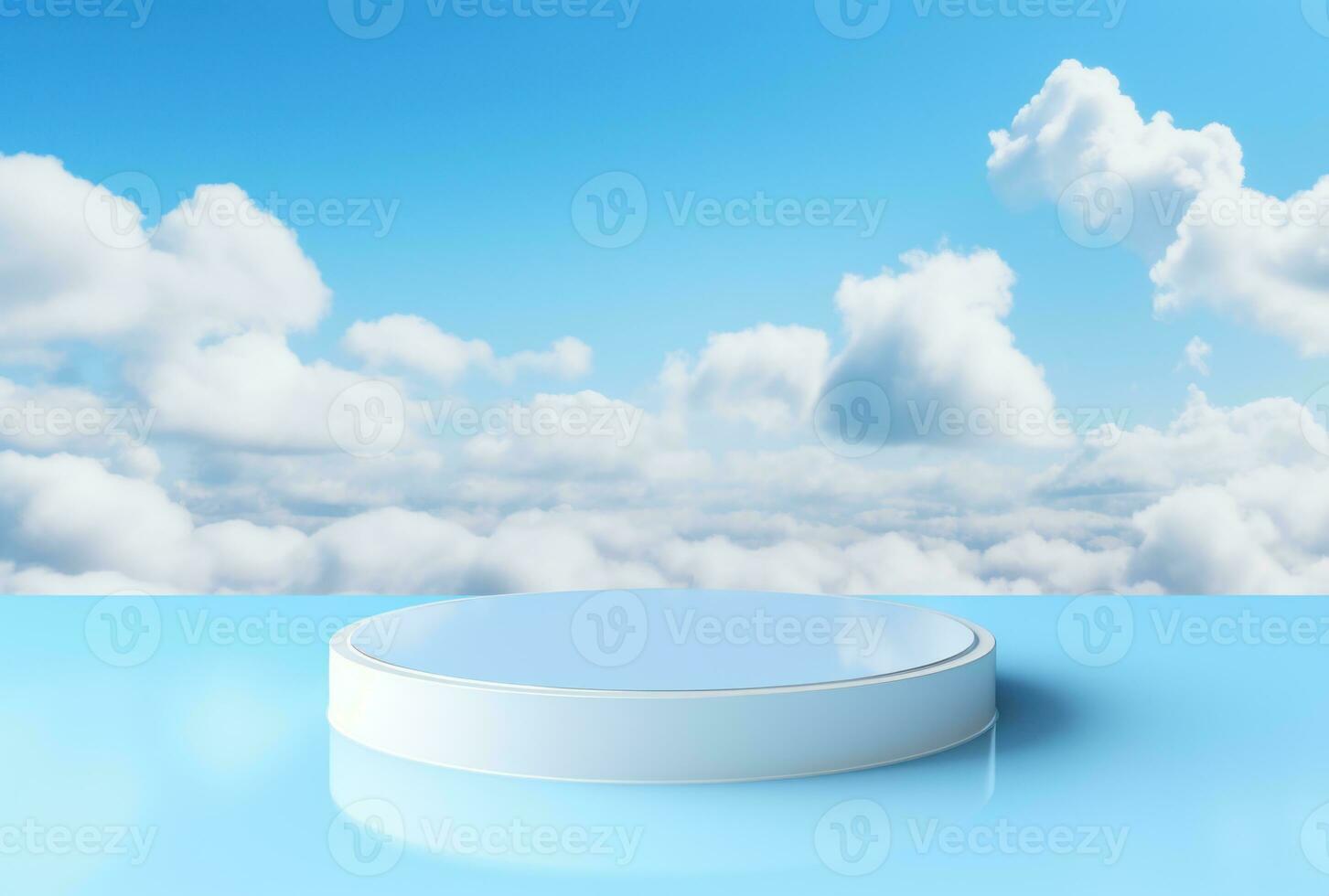 3d podio azul monitor en agua con blanco nube ai generado. foto