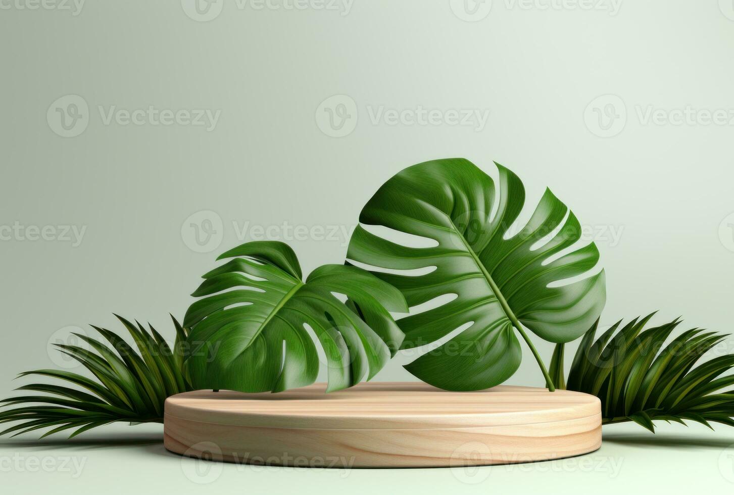 3D podium wood display white background with green monstera palm leaf AI Generated. photo