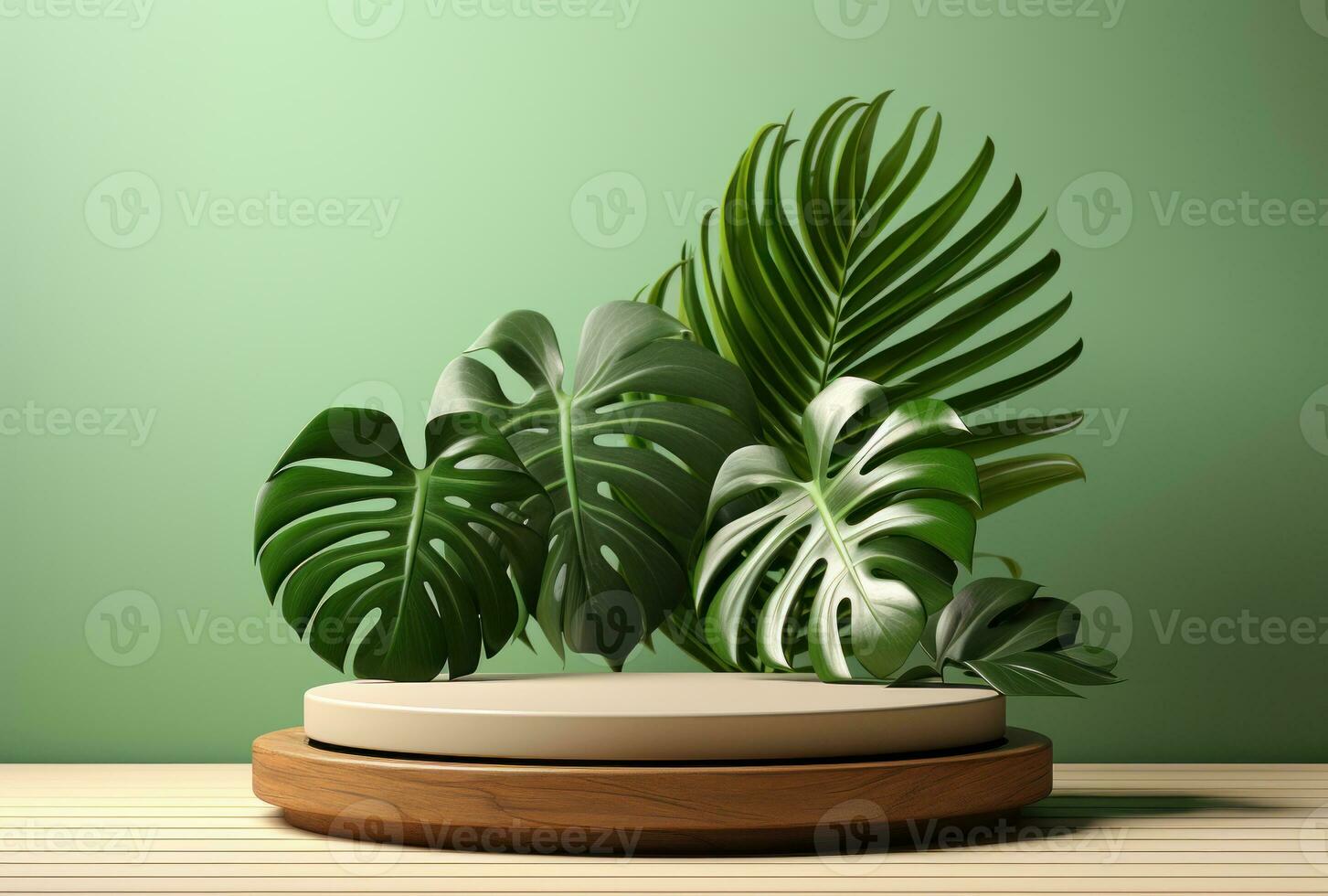 3D podium wood display white background with green monstera palm leaf AI Generated. photo
