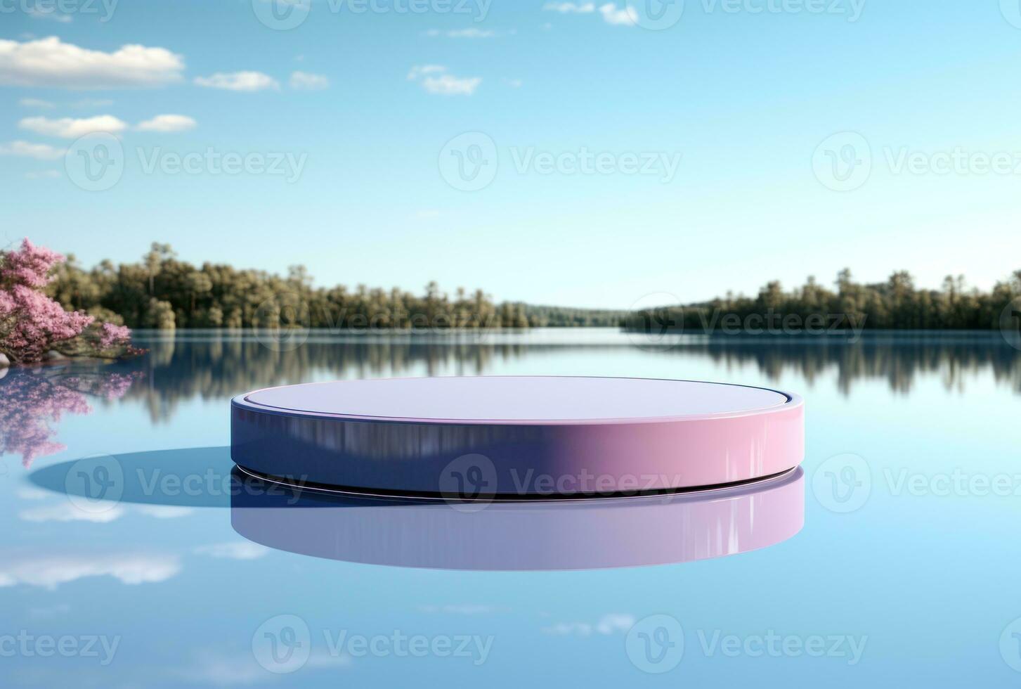 3D podium blue display on water with white cloud AI Generated. photo