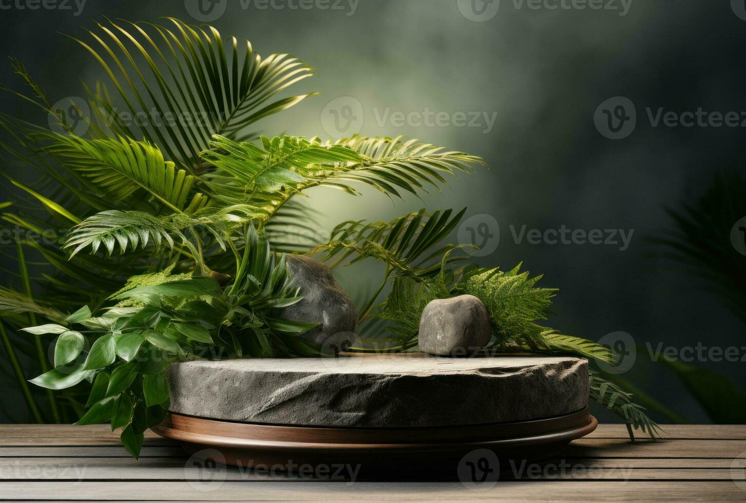 3D podium wood display white background with green monstera palm leaf AI Generated. photo