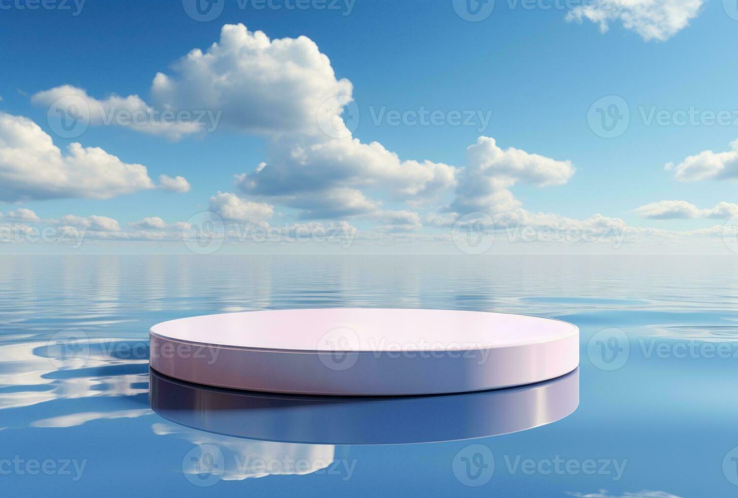3D podium blue display on water with white cloud AI Generated. photo
