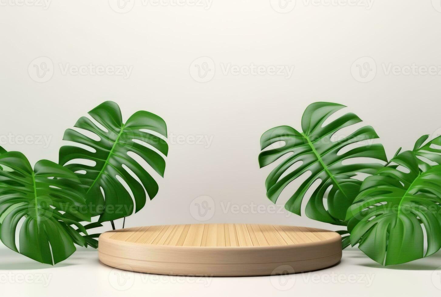 3D podium wood display white background with green monstera palm leaf AI Generated. photo