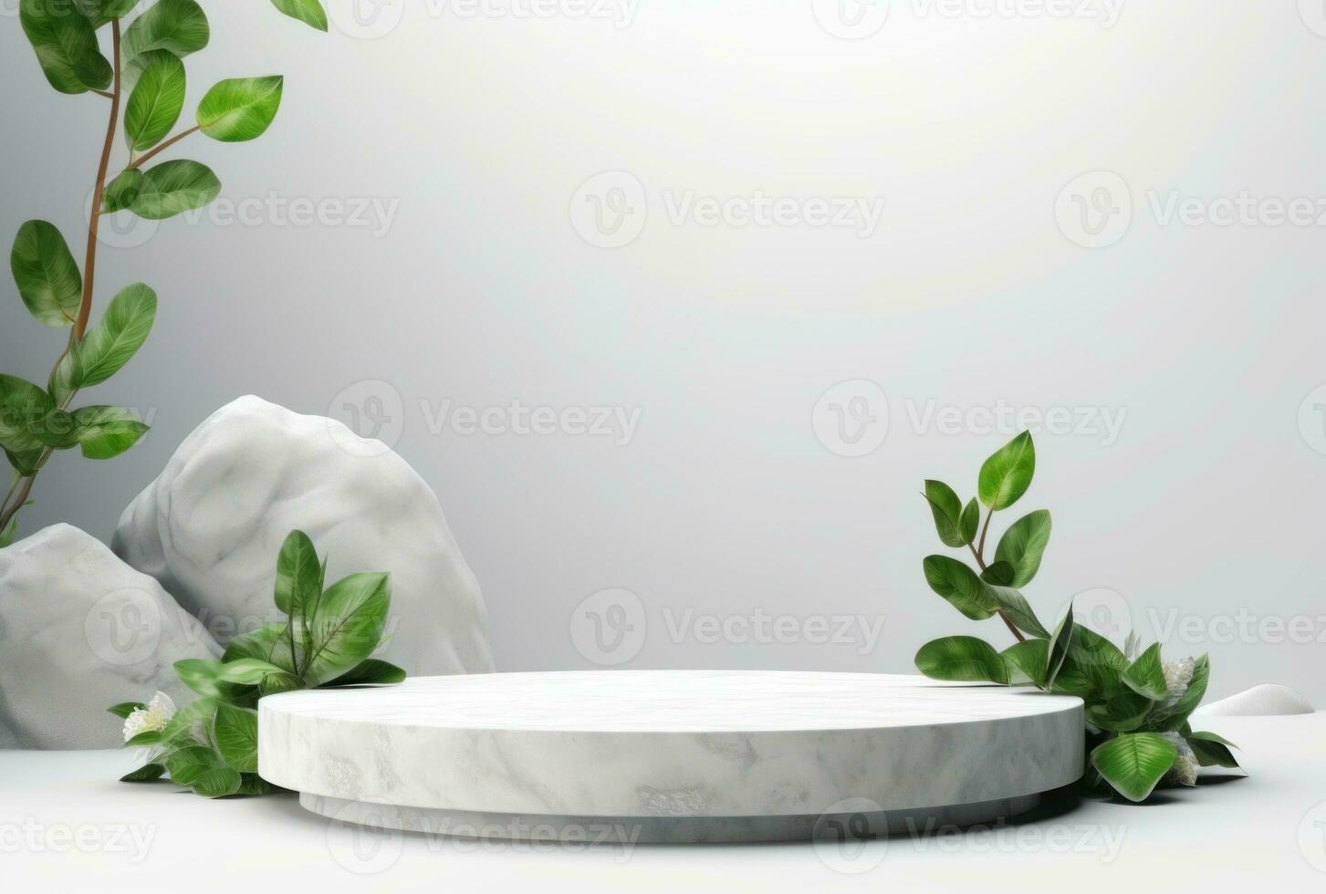 3D display podium white background and stone. Flower with green leaf and rock AI Generated. photo