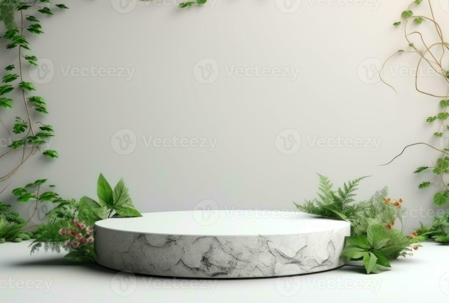 3D display podium white background and stone. Flower with green leaf and rock AI Generated. photo
