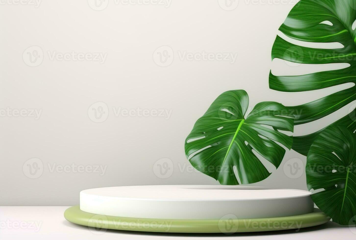 3D podium wood display white background with green monstera palm leaf AI Generated. photo