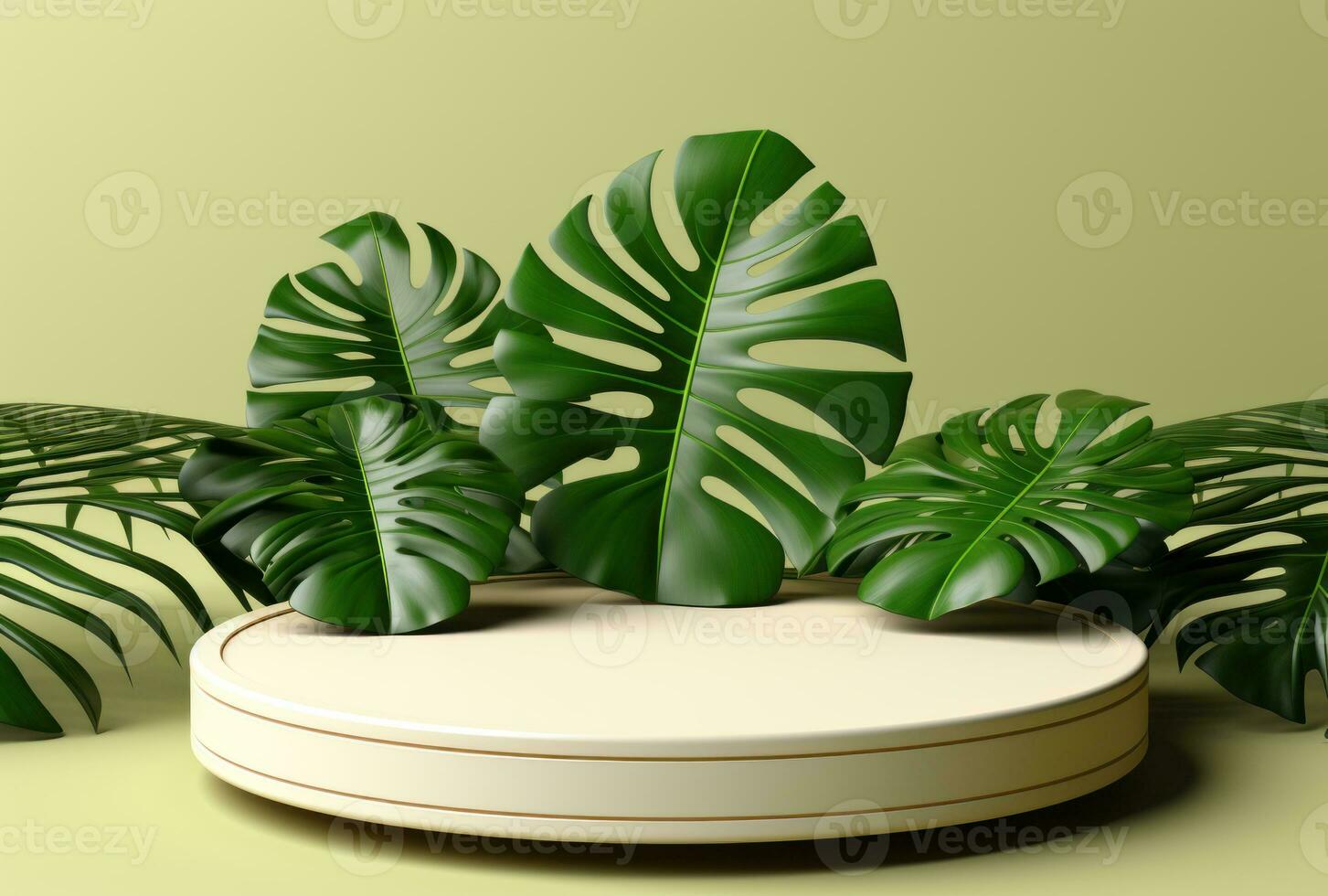 3D podium wood display white background with green monstera palm leaf AI Generated. photo
