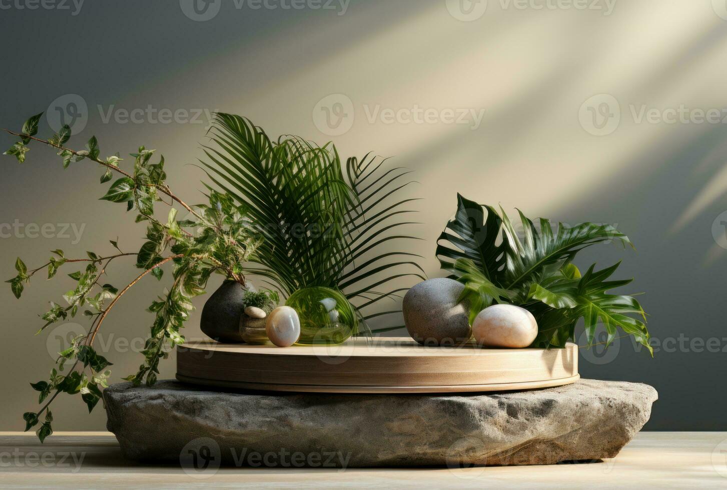 3D podium wood display white background with green monstera palm leaf AI Generated. photo