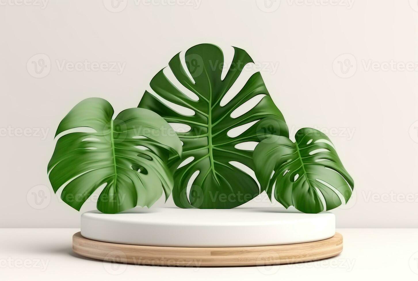 3D podium wood display white background with green monstera palm leaf AI Generated. photo