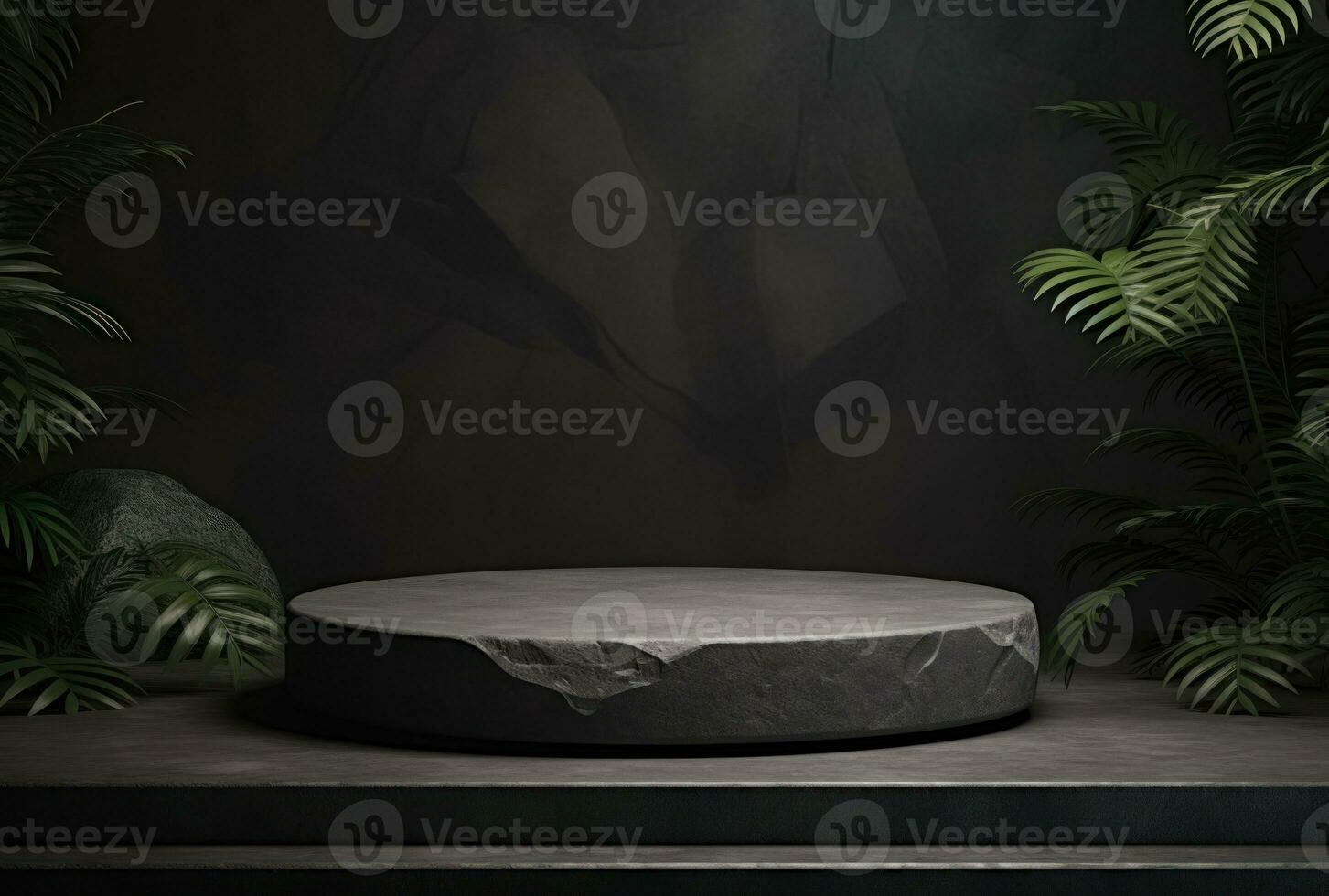 3D podium, stone display set. Jungle, palm leaf AI Generated. photo