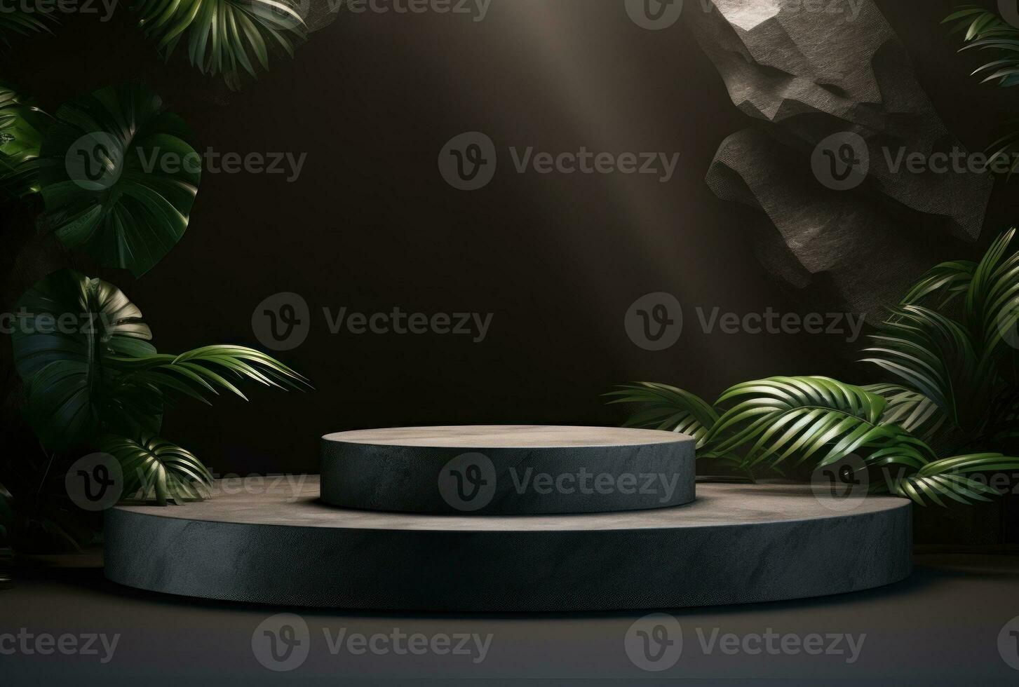 3D podium, stone display set. Jungle, palm leaf AI Generated. photo