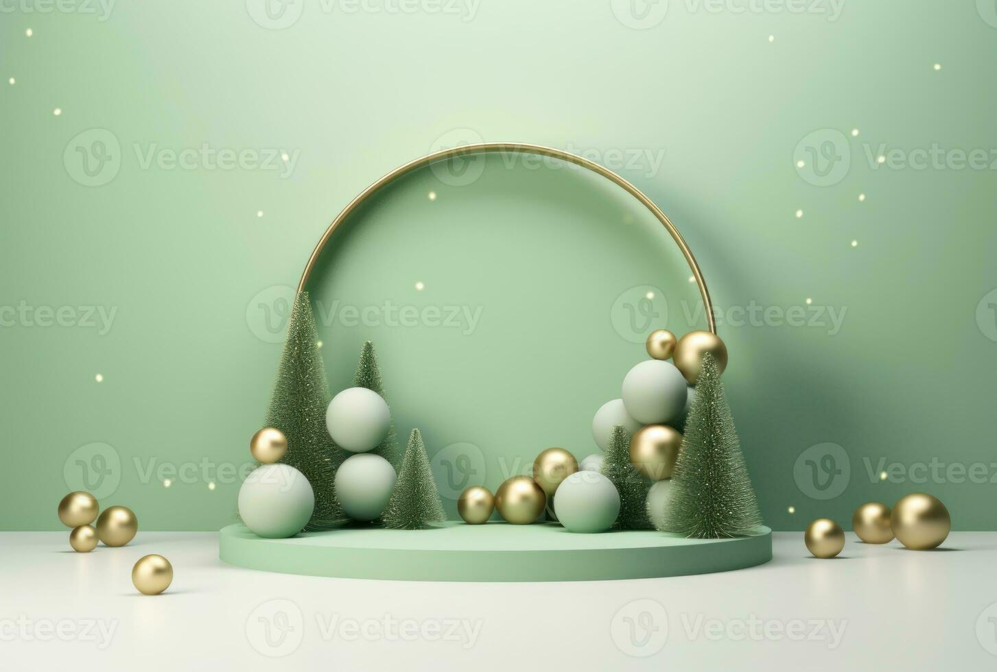 3D podium, Christmas display. Pastel green background AI Generated. photo