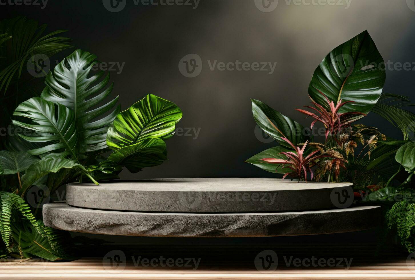 3D podium, stone display set. Jungle, palm leaf AI Generated. photo