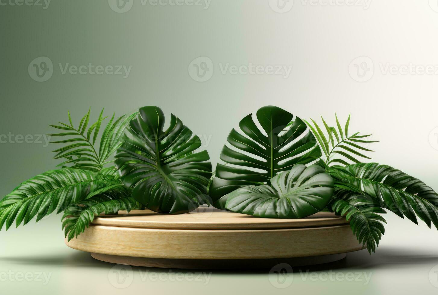 3D podium wood display white background with green monstera palm leaf AI Generated. photo