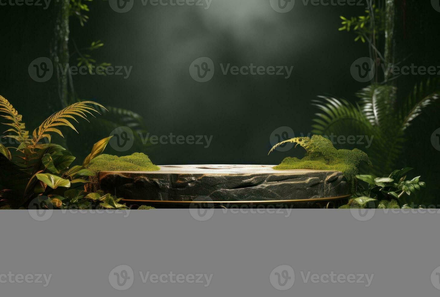 3D podium, stone display set. Jungle, palm leaf AI Generated. photo