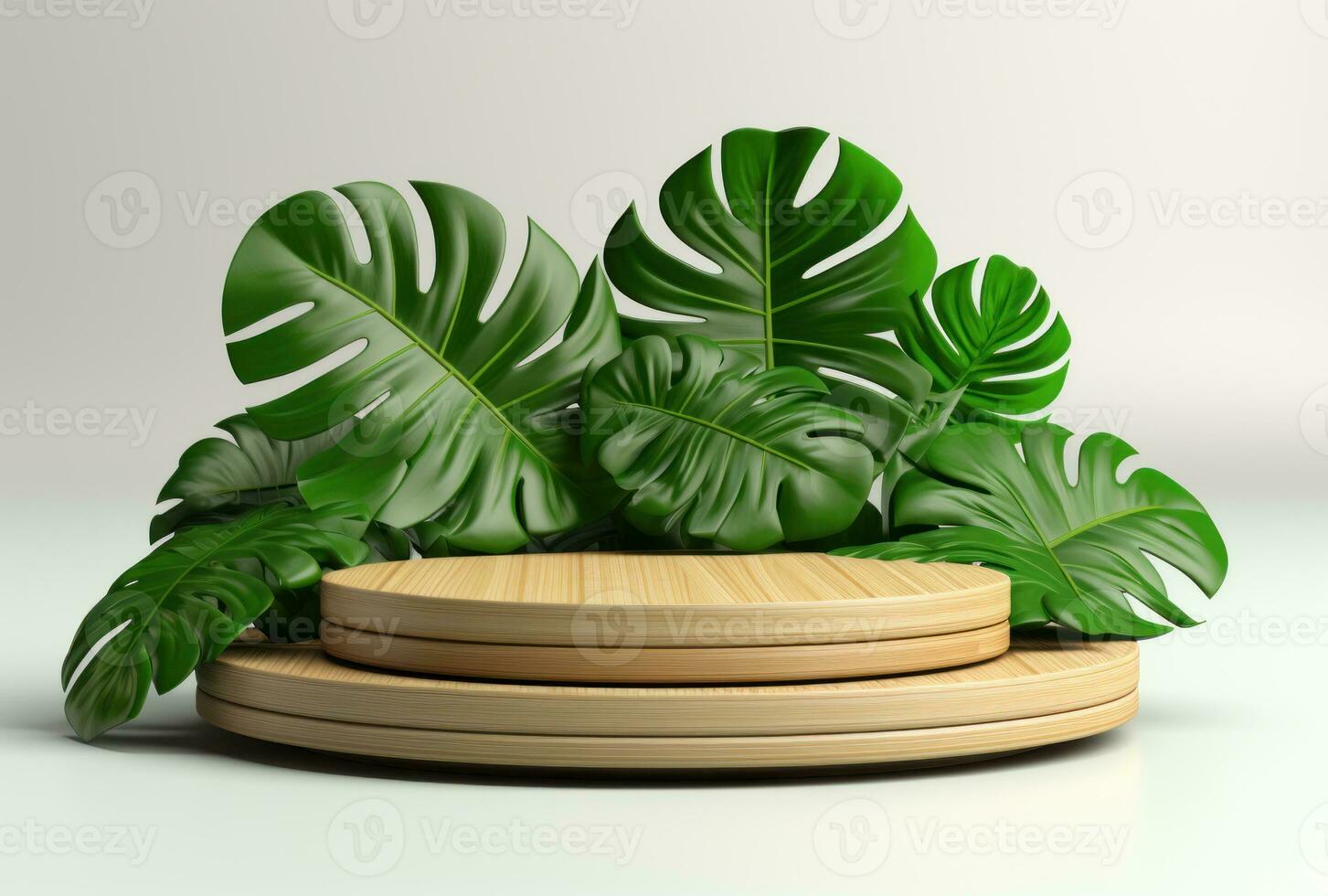 3D podium wood display white background with green monstera palm leaf AI Generated. photo