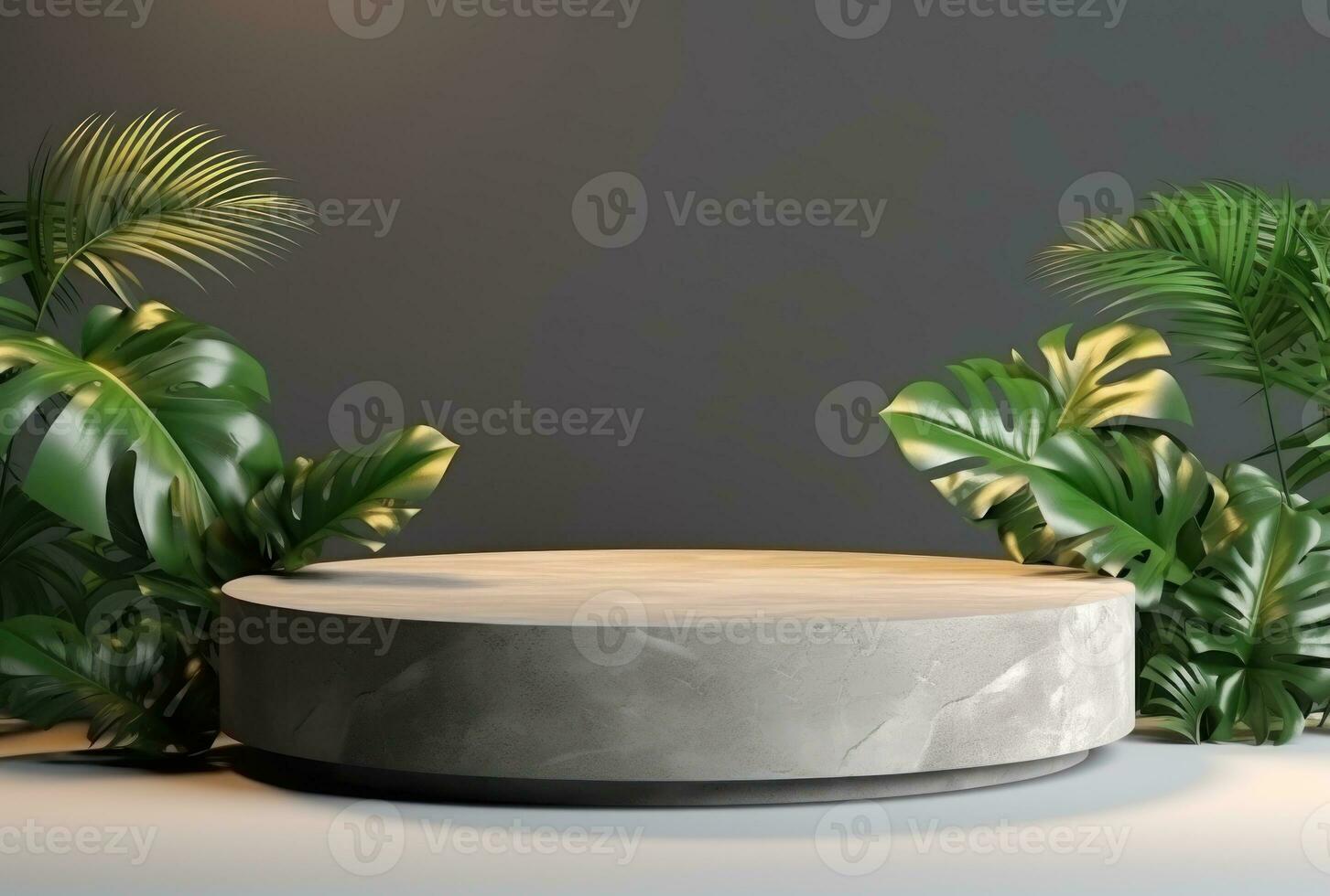 3D podium wood display white background with green monstera palm leaf AI Generated. photo