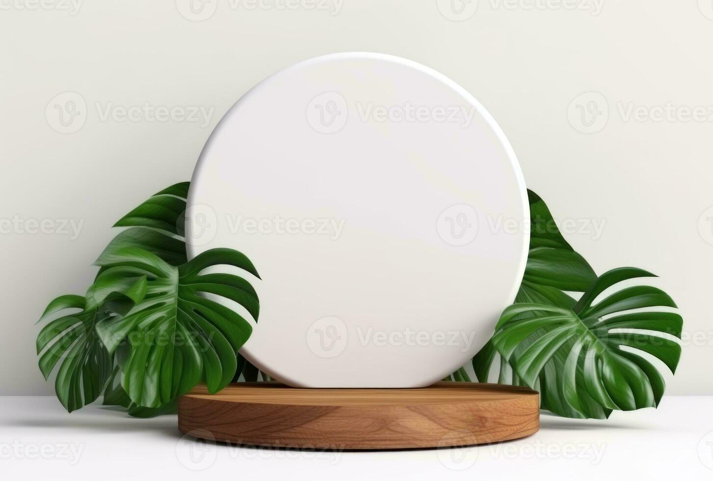 3D podium wood display white background with green monstera palm leaf AI Generated. photo