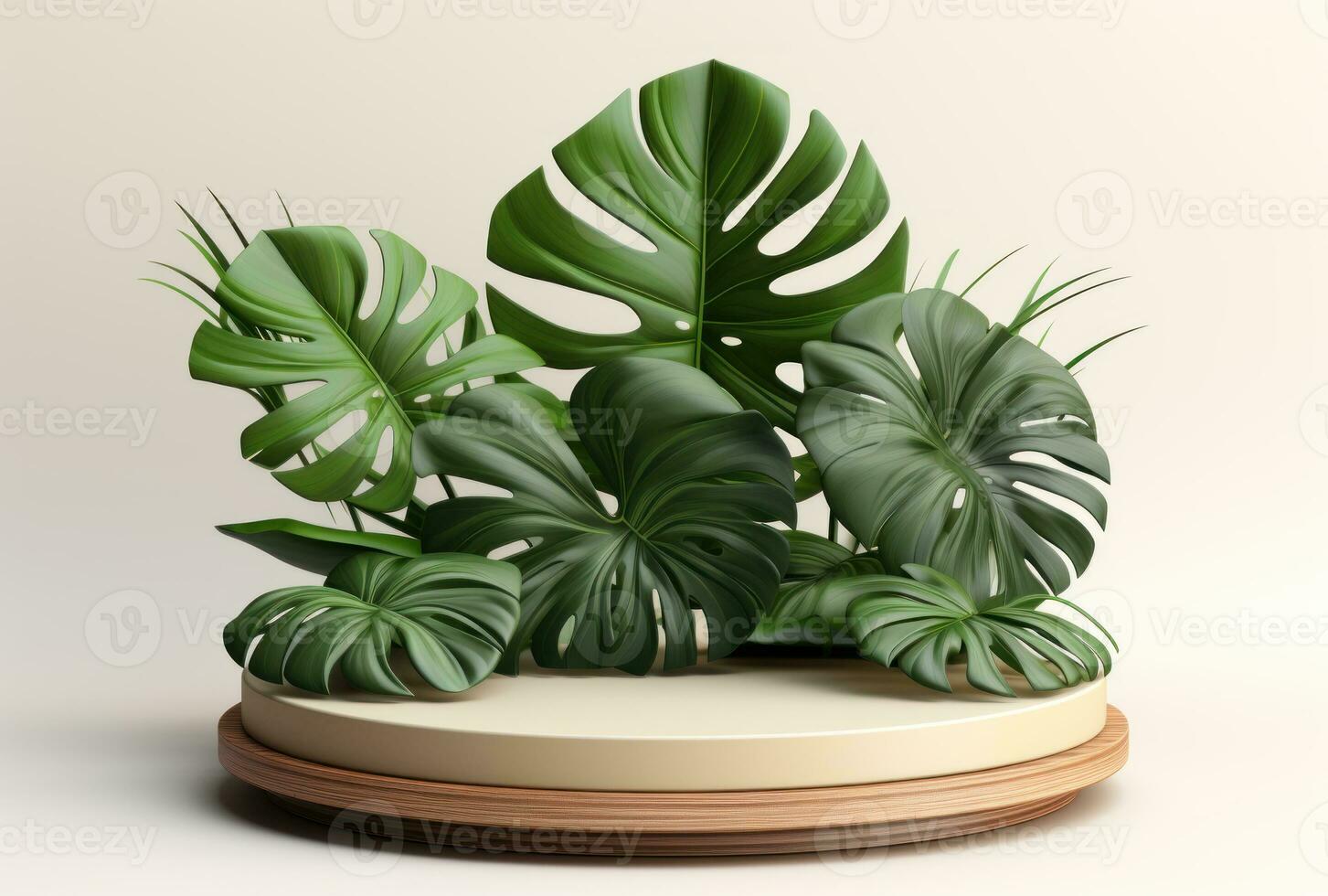3D podium wood display white background with green monstera palm leaf AI Generated. photo