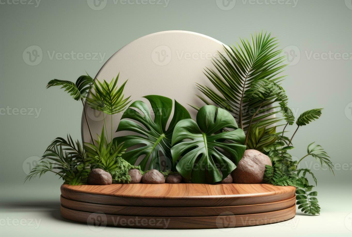 3D podium wood display white background with green monstera palm leaf AI Generated. photo