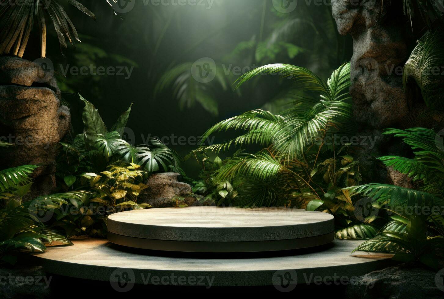 3D podium, stone display set. Jungle, palm leaf AI Generated. photo