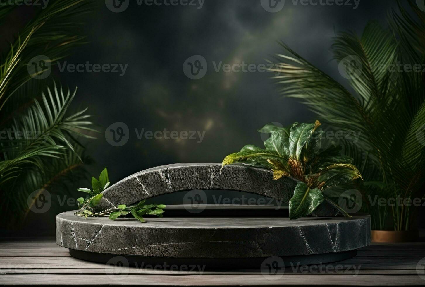 3D podium, stone display set. Jungle, palm leaf AI Generated. photo