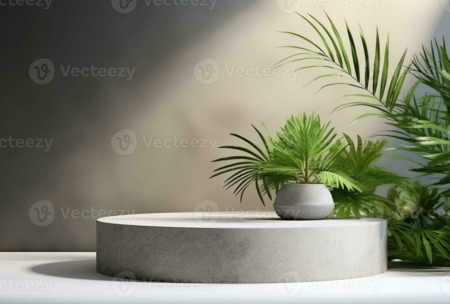 3D podium wood display white background with green monstera palm leaf AI Generated. photo