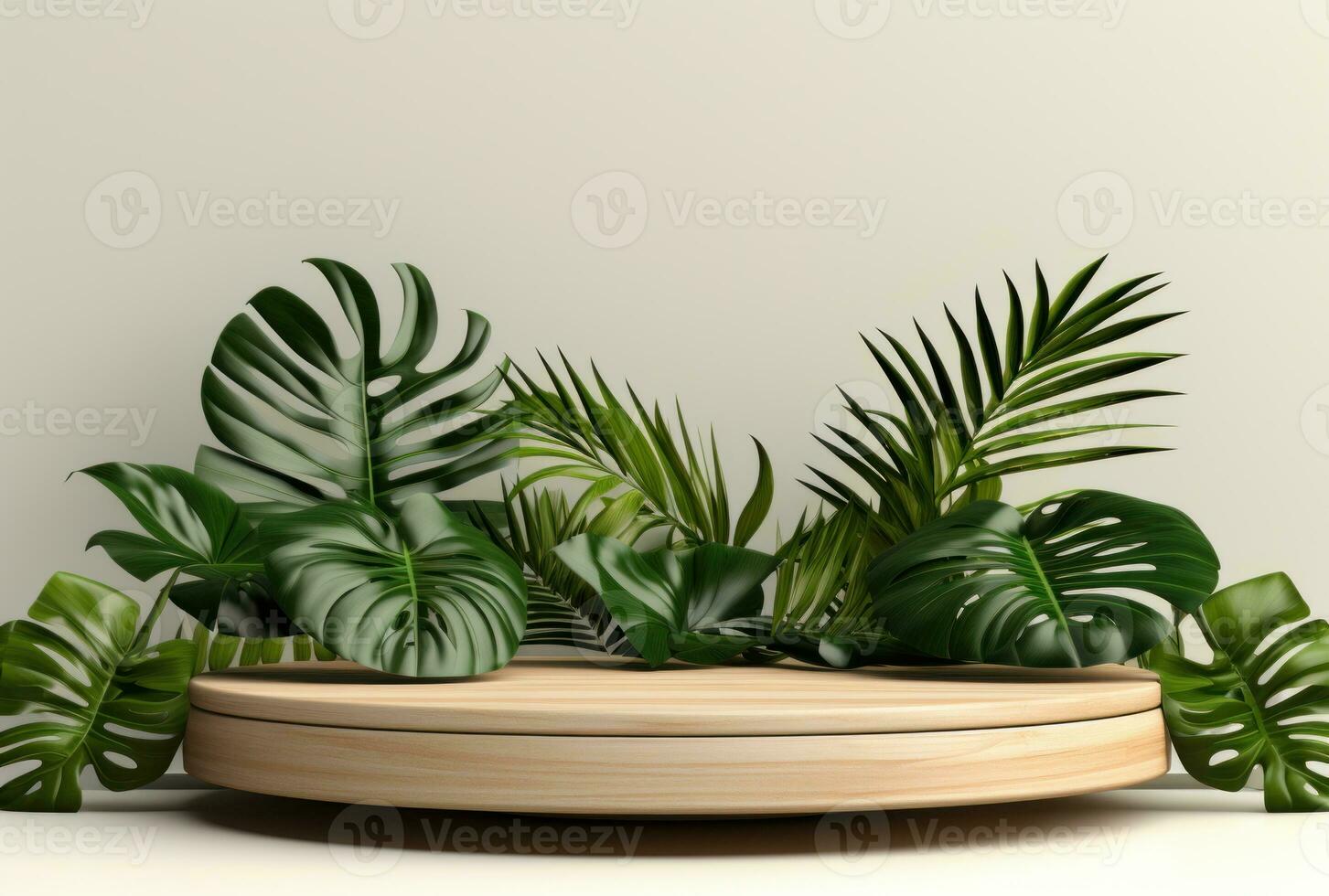 3D podium wood display white background with green monstera palm leaf AI Generated. photo