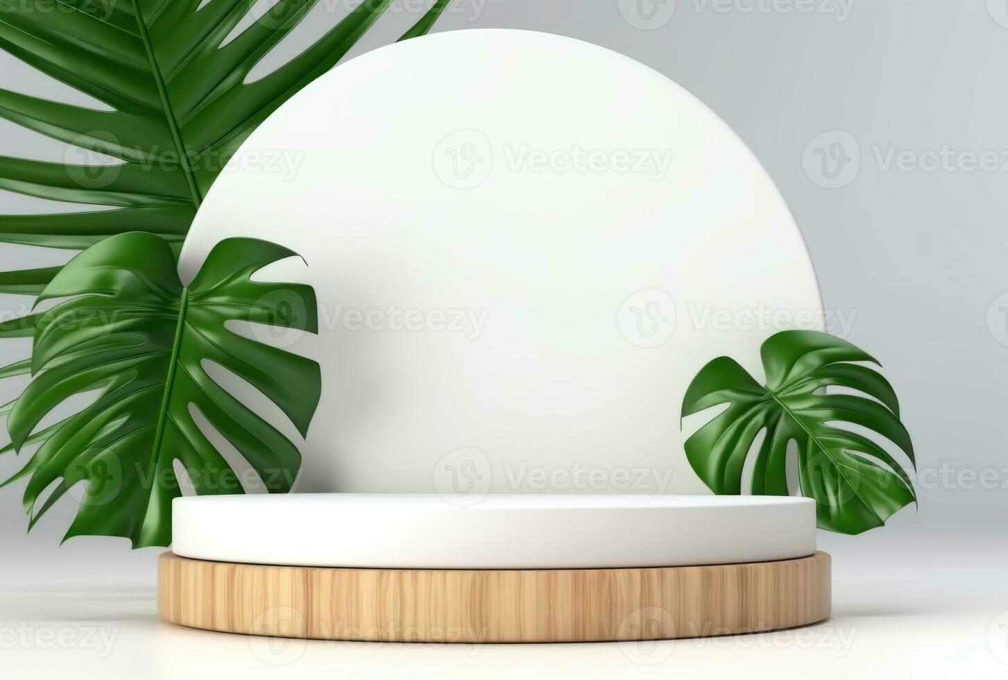 3D podium wood display white background with green monstera palm leaf AI Generated. photo