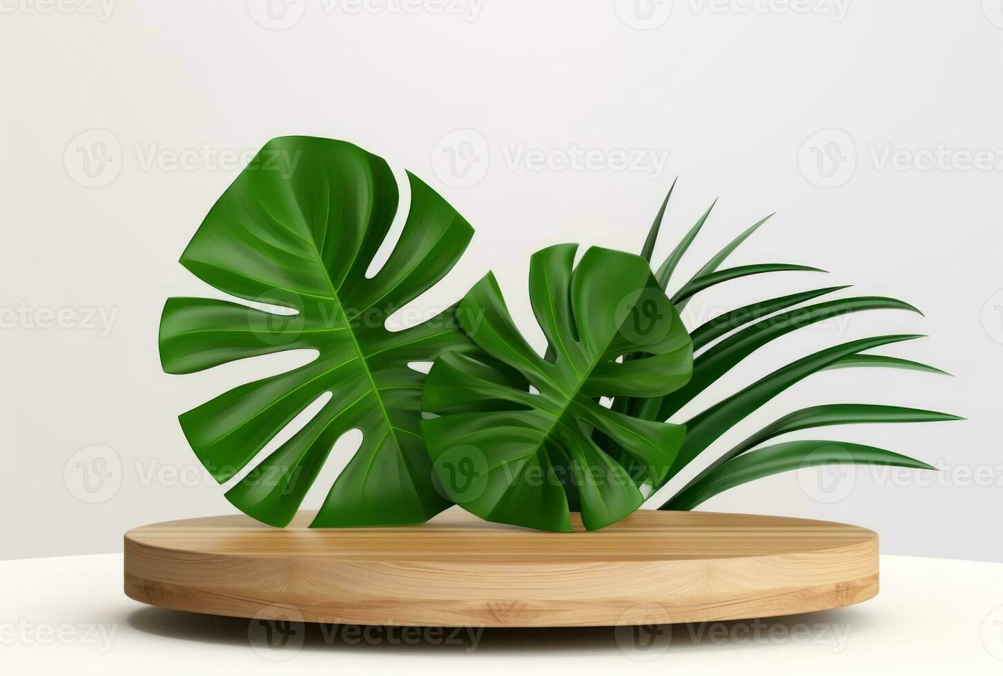 3D podium wood display white background with green monstera palm leaf AI Generated. photo