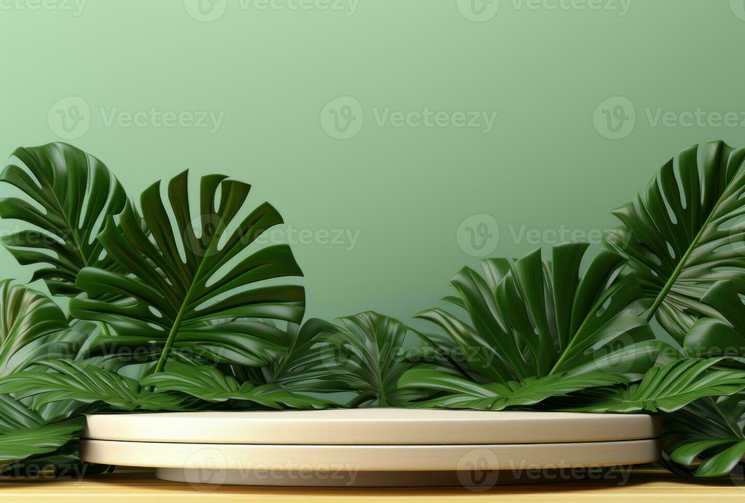 3D podium wood display white background with green monstera palm leaf AI Generated. photo
