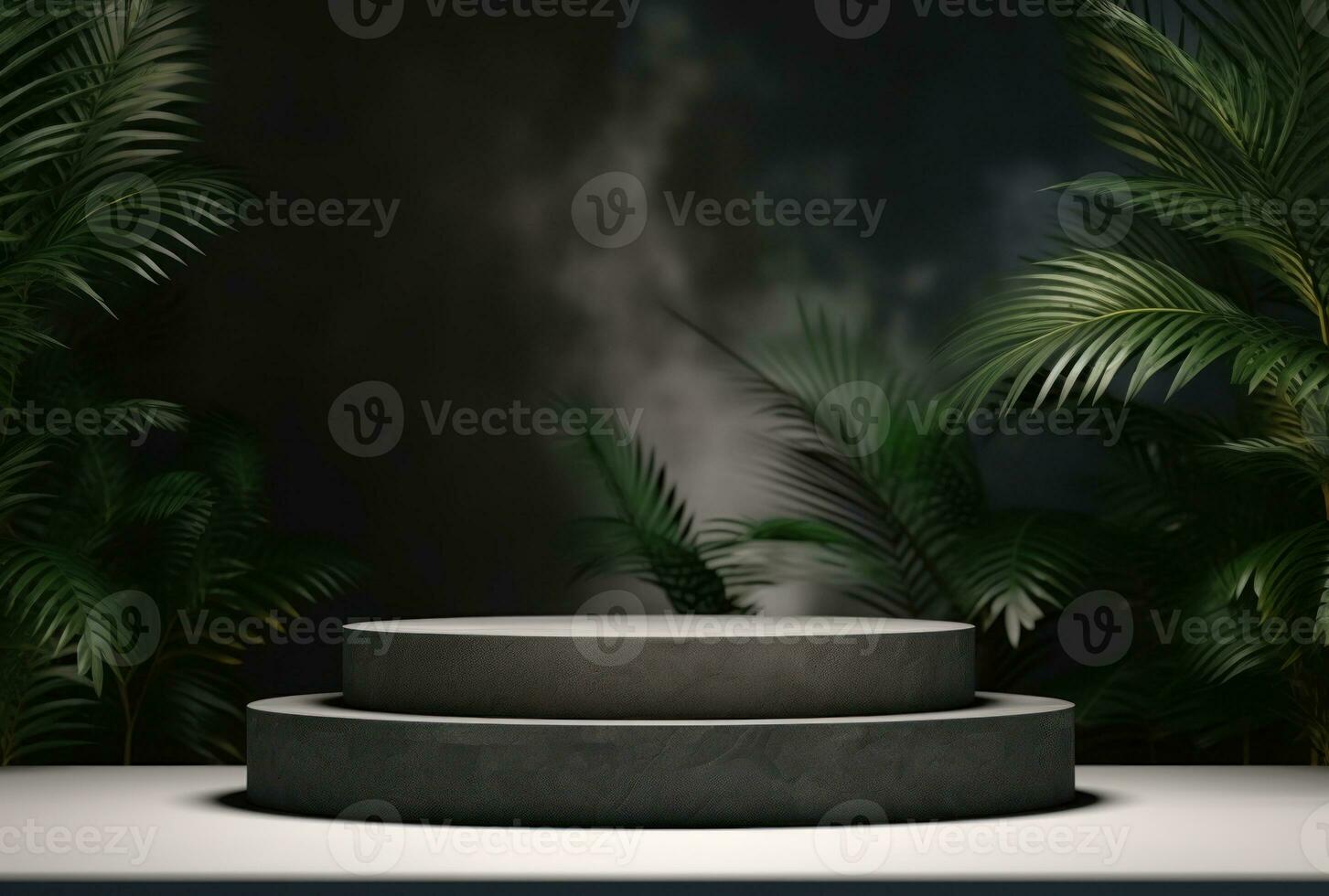 3D podium, stone display set. Jungle, palm leaf AI Generated. photo