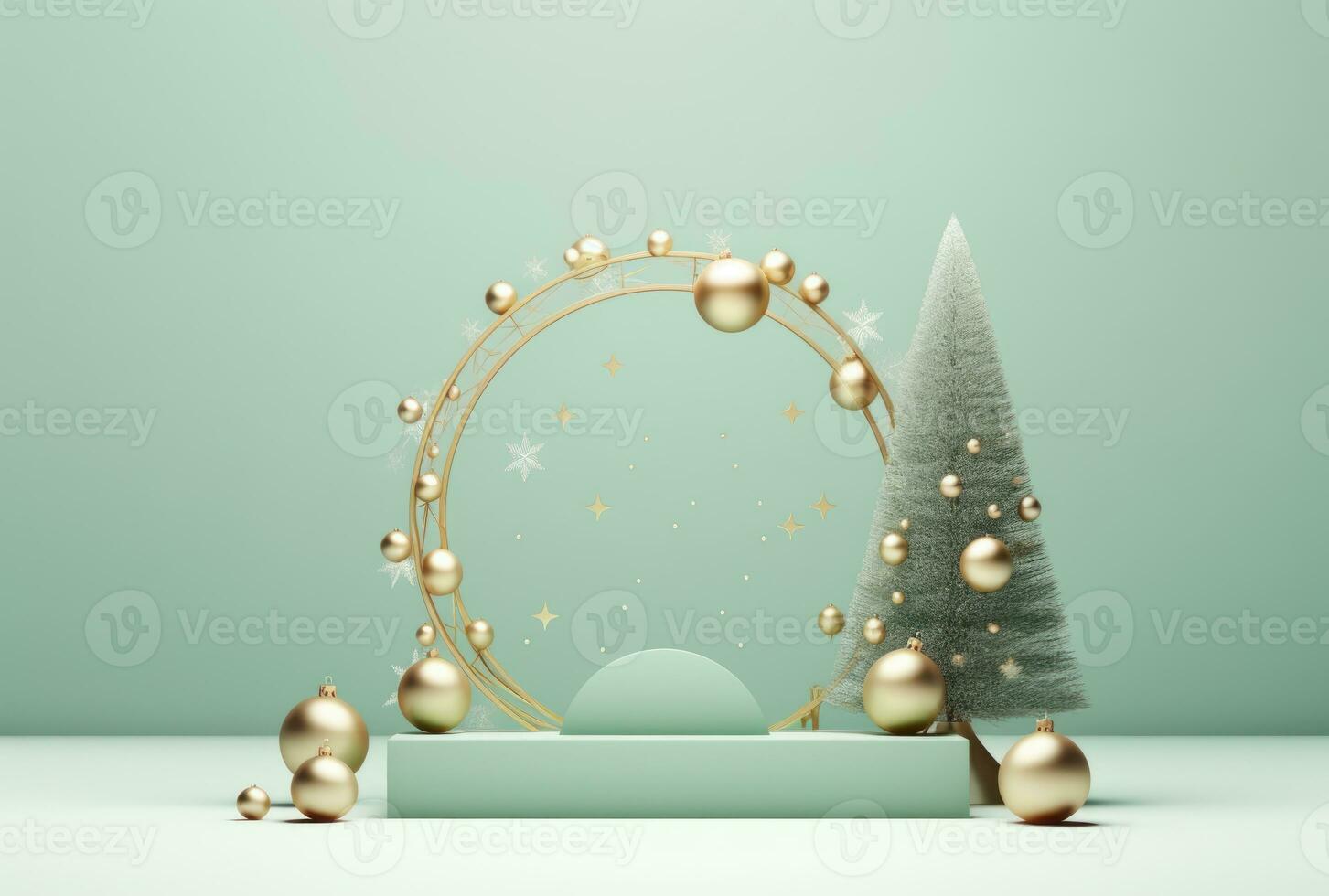 3D podium, Christmas display. Pastel green background AI Generated. photo