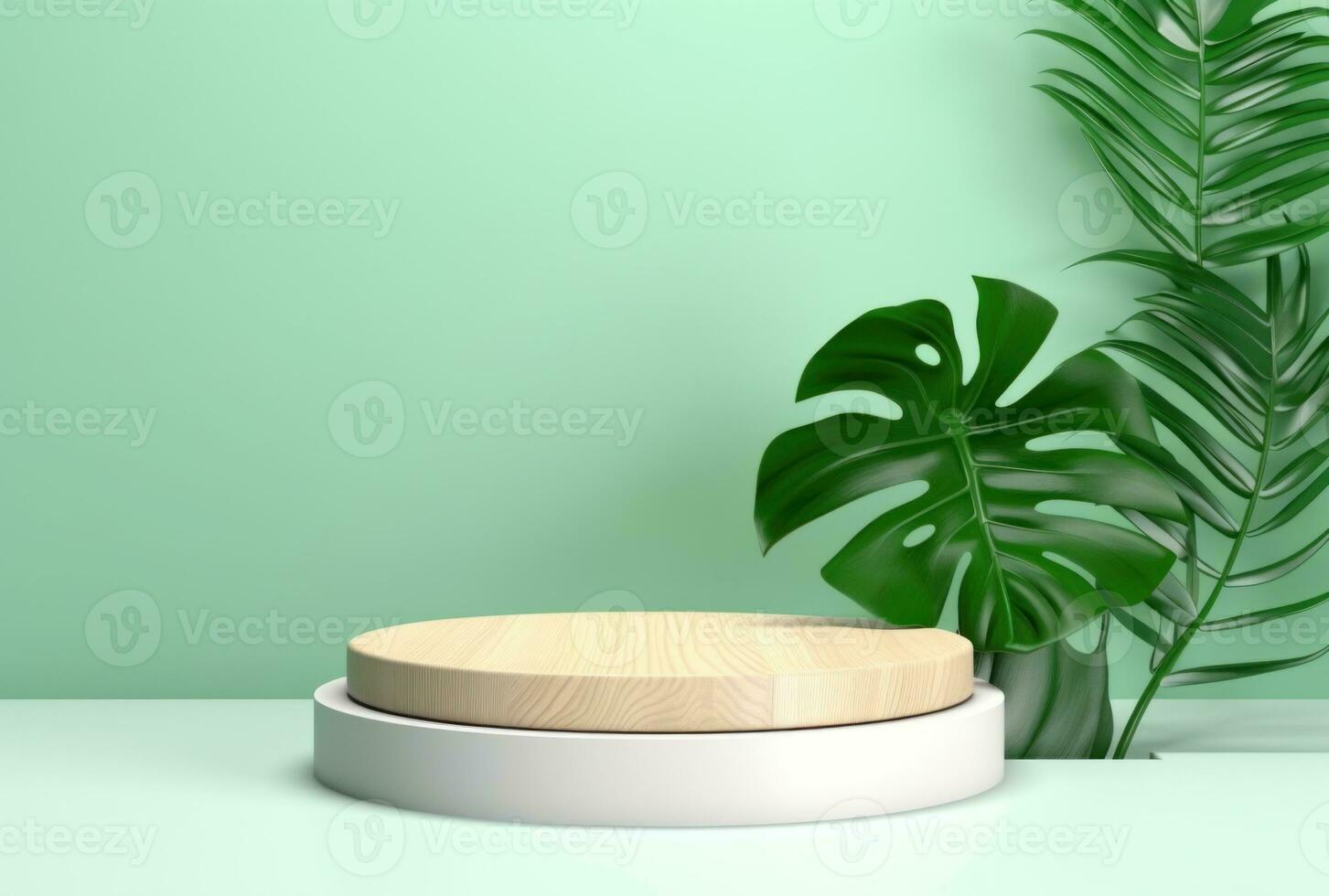 3D podium wood display white background with green monstera palm leaf AI Generated. photo