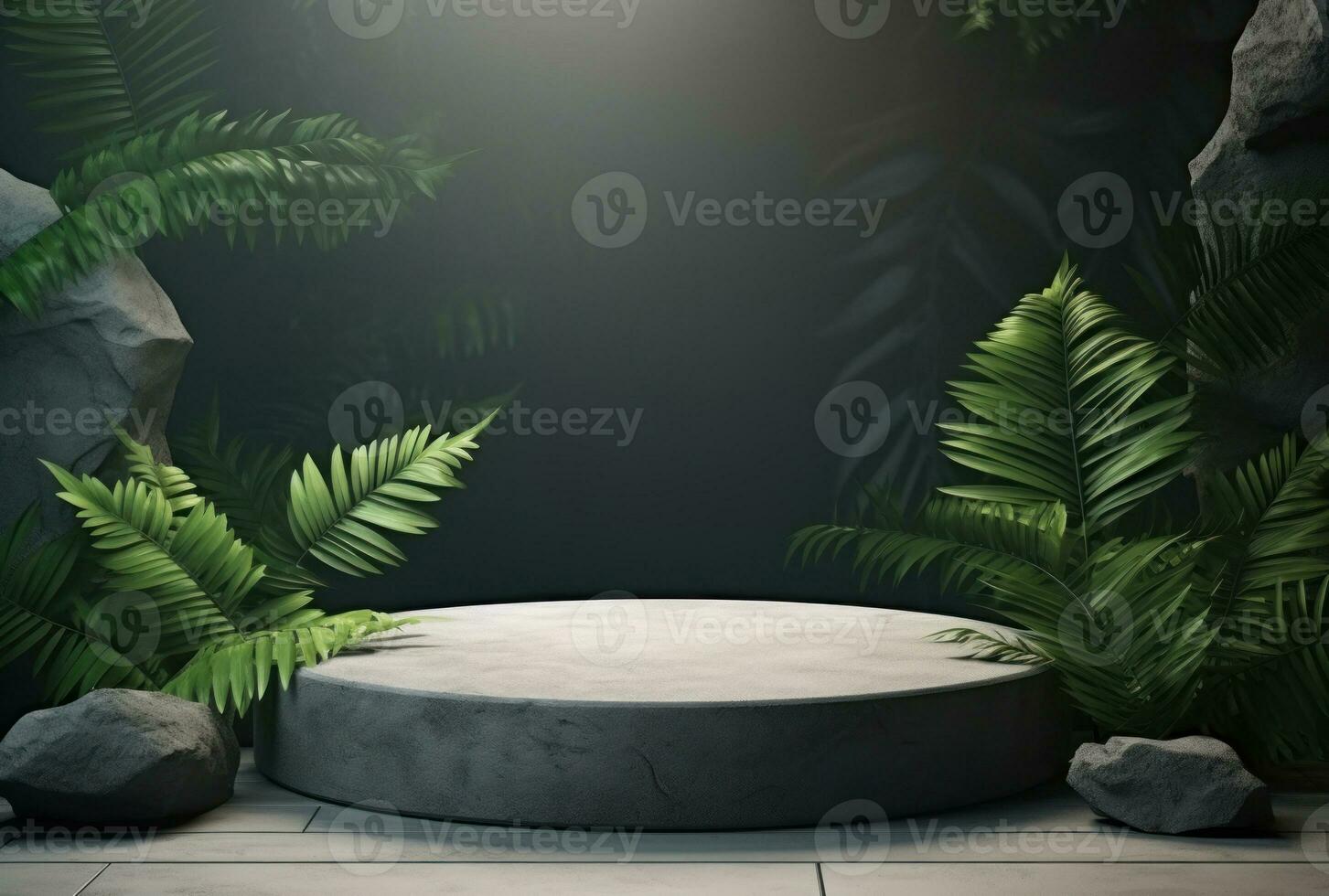3D podium, stone display set. Jungle, palm leaf AI Generated. photo